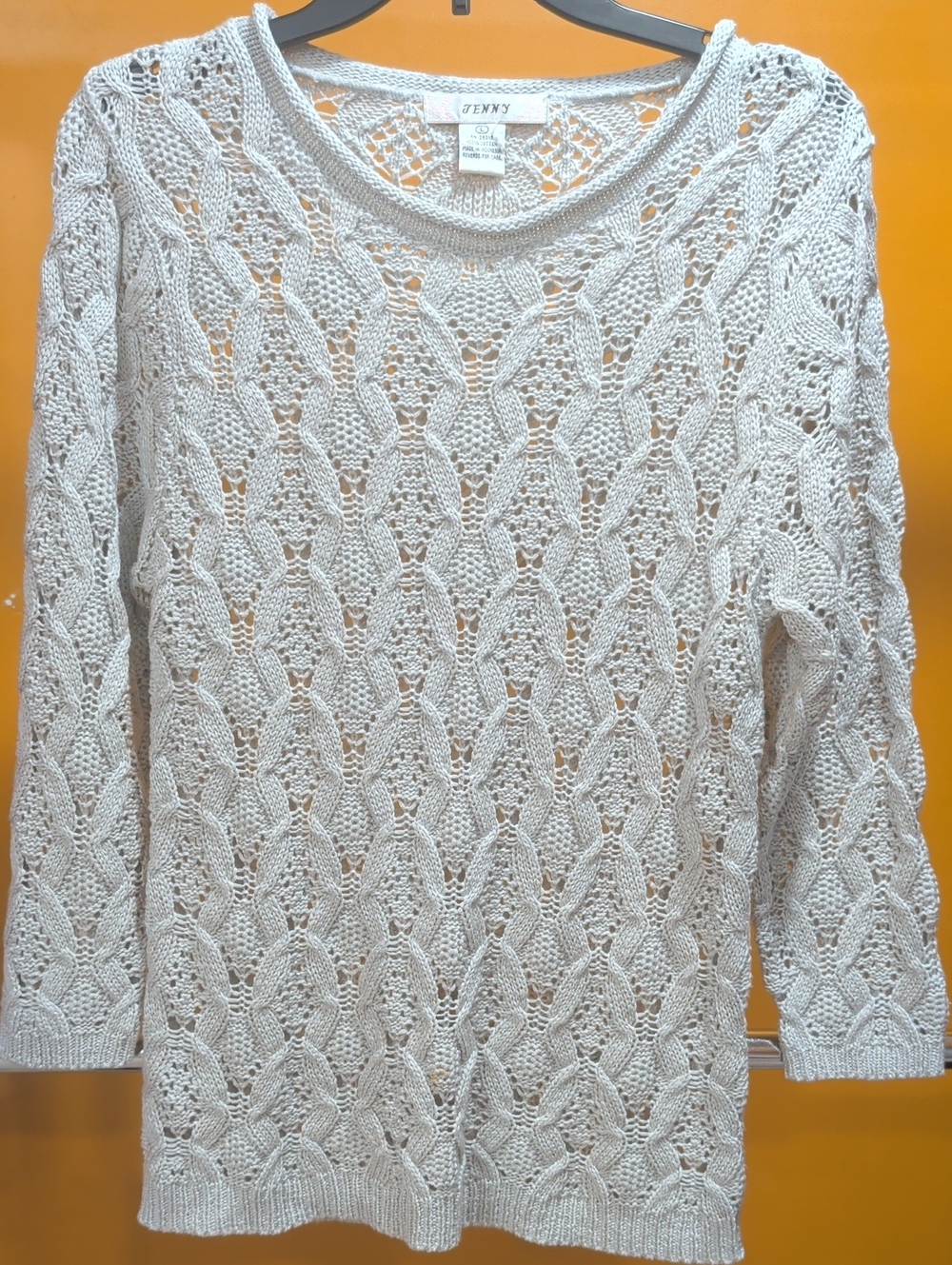 JENNY Women's Cream Open-Knit Sweater Top Size L 100 % Cotton